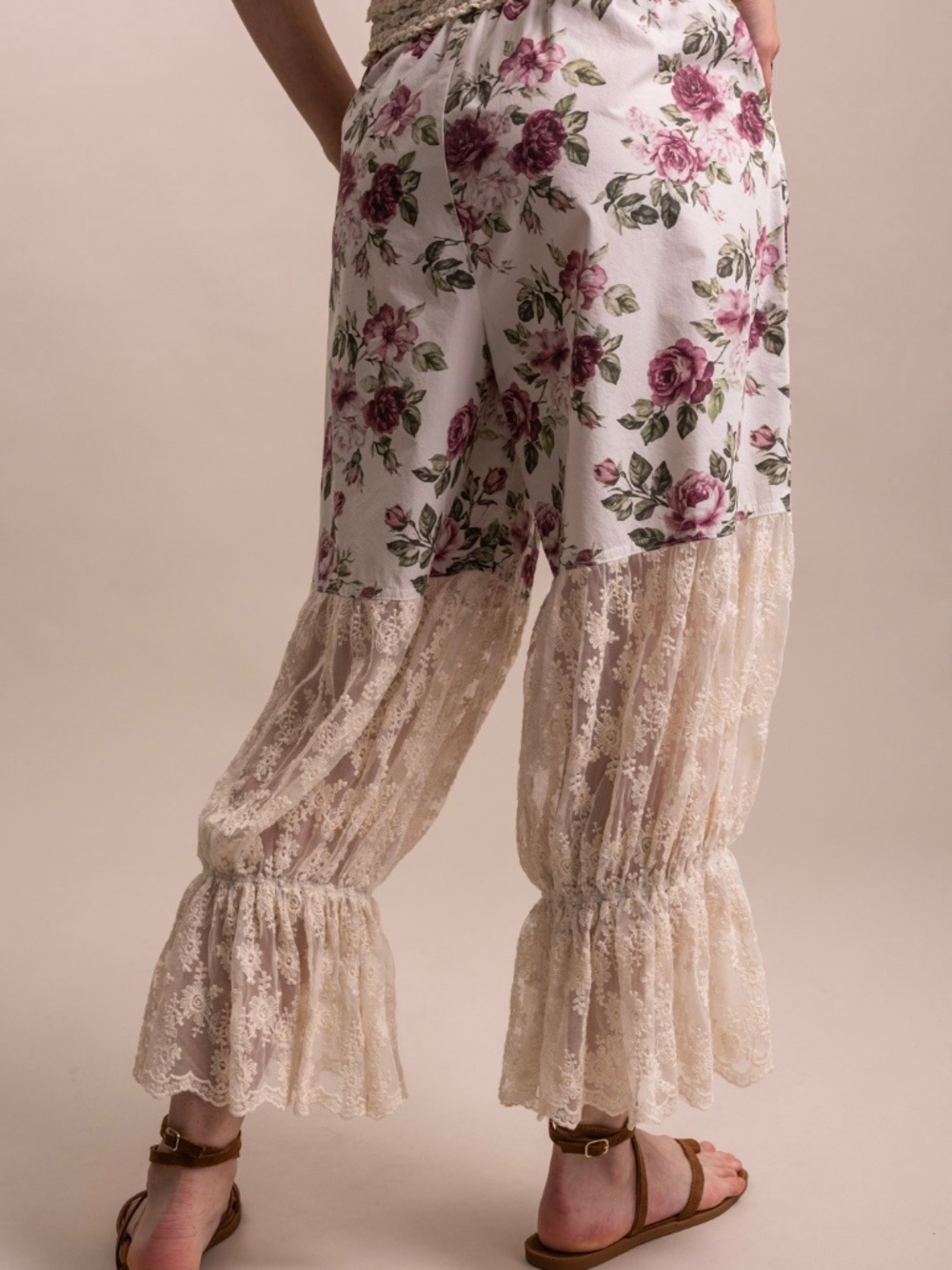 Bluevelvet Stretchy Waist Floral Print Semi Sheer Lace Bloomers Pants - Picture 5 of 8
